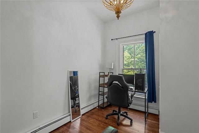 office area with baseboard heating, wood finished floors, and a chandelier
