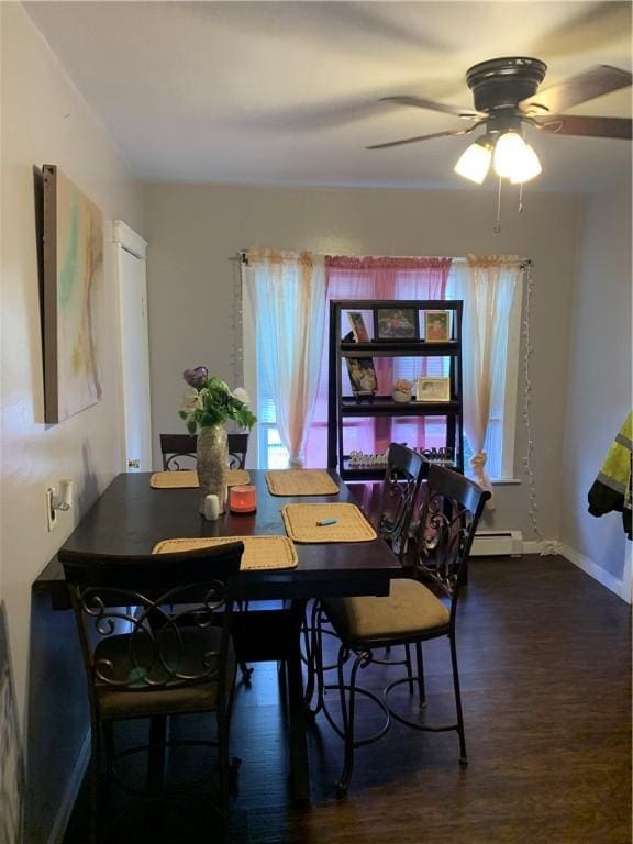 31 Ponagansett Ave, Providence, RI 02909 - dining room featuring a ceiling fan, baseboards, a baseboard heating unit, and wood finished floors
