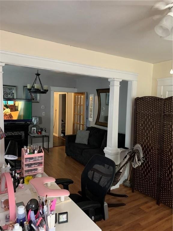 31 Ponagansett Ave, Providence, RI 02909 - office with ornate columns, ceiling fan, and wood finished floors