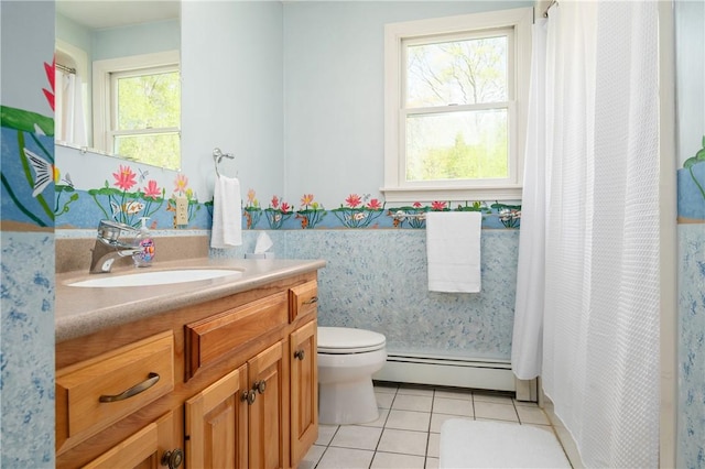 825 Woonsocket Hill Rd, North Smithfield, RI 02896 - bathroom featuring tile patterned flooring, vanity, curtained shower, toilet, and a baseboard radiator