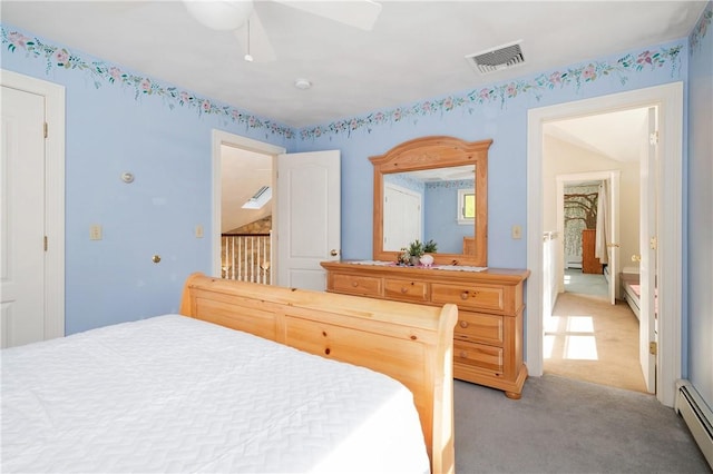 825 Woonsocket Hill Rd, North Smithfield, RI 02896 - bedroom featuring visible vents, a baseboard radiator, ceiling fan, and light carpet