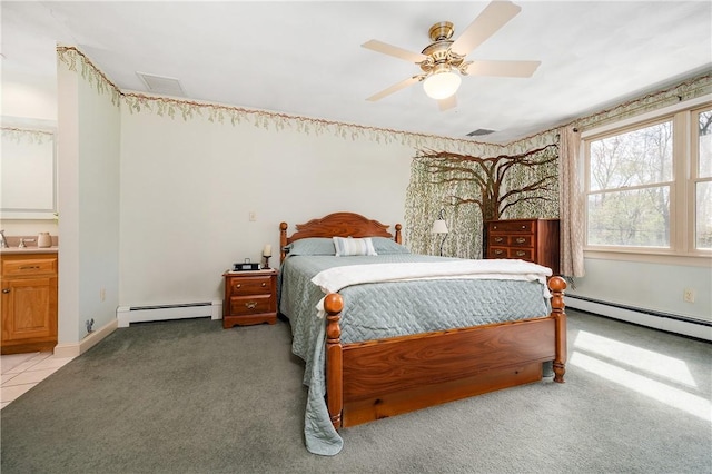825 Woonsocket Hill Rd, North Smithfield, RI 02896 - bedroom featuring ceiling fan, a baseboard heating unit, light carpet, and visible vents