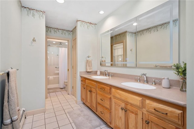 825 Woonsocket Hill Rd, North Smithfield, RI 02896 - full bathroom featuring a sink, tile patterned flooring, double vanity, curtained shower, and a baseboard radiator