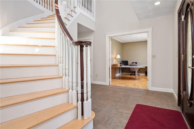 825 Woonsocket Hill Rd, North Smithfield, RI 02896 - tiled foyer entrance with recessed lighting, baseboards, and stairway