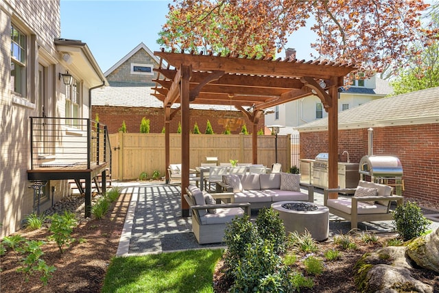 349 Wayland Ave, Providence, RI 02906 - view of patio / terrace with fence, an outdoor living space with a fire pit, a pergola, and a grill