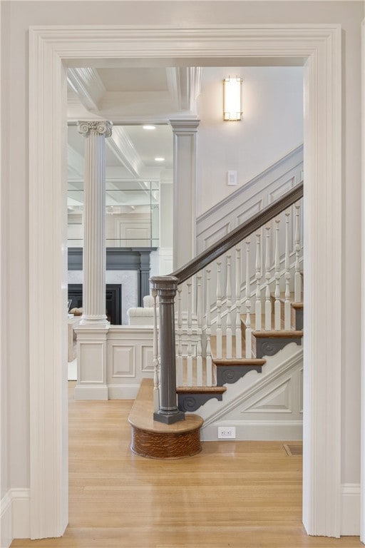 349 Wayland Ave, Providence, RI 02906 - detailed view of ornate columns, wood finished floors, beamed ceiling, coffered ceiling, and ornamental molding