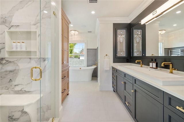 349 Wayland Ave, Providence, RI 02906 - bathroom with ornamental molding, a marble finish shower, double vanity, a freestanding bath, and recessed lighting