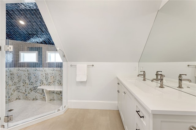 349 Wayland Ave, Providence, RI 02906 - bathroom featuring a shower stall, vanity, baseboards, and wood finished floors