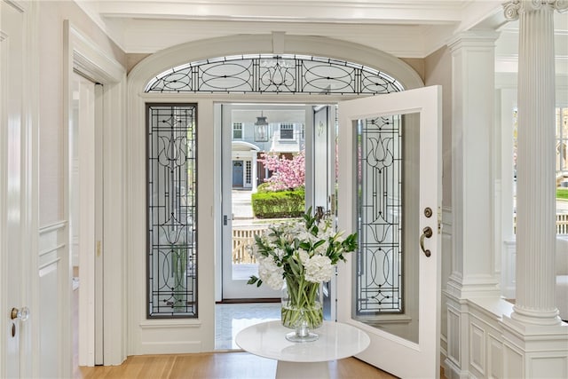 349 Wayland Ave, Providence, RI 02906 - entrance foyer with ornate columns and light wood finished floors
