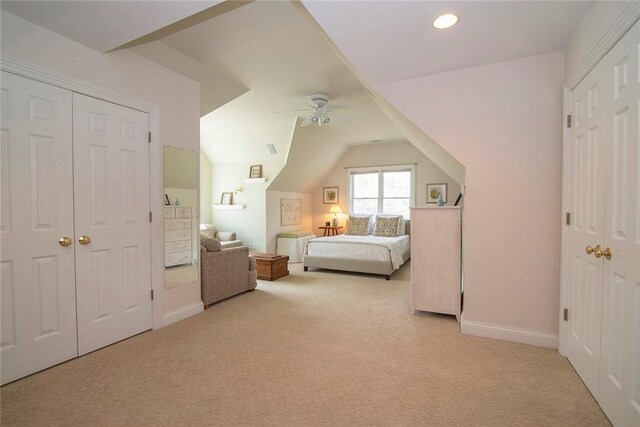 27 Tom Harvey Rd, Westerly, RI 02891 - carpeted bedroom with vaulted ceiling, baseboards, recessed lighting, and a ceiling fan
