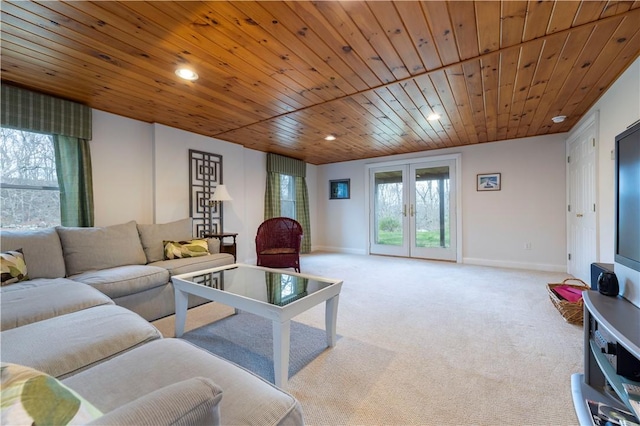 27 Tom Harvey Rd, Westerly, RI 02891 - living room featuring wood ceiling, plenty of natural light, light carpet, french doors, and recessed lighting
