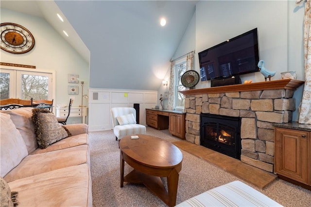 27 Tom Harvey Rd, Westerly, RI 02891 - living area with a fireplace, light carpet, high vaulted ceiling, and recessed lighting
