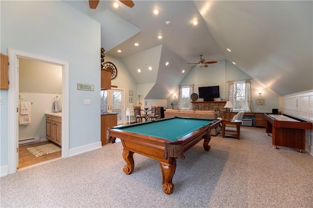 27 Tom Harvey Rd, Westerly, RI 02891 - playroom with ceiling fan, a baseboard radiator, light carpet, lofted ceiling, and pool table