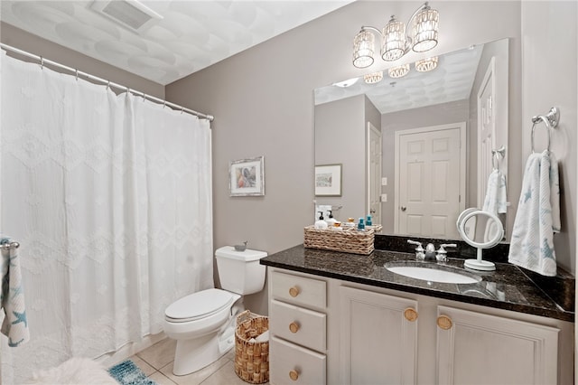 full bathroom with vanity, toilet, tile patterned floors, curtained shower, and visible vents