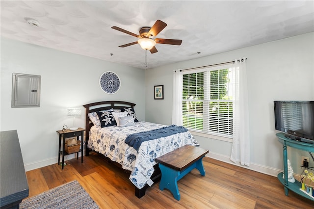 bedroom featuring a ceiling fan, baseboards, wood finished floors, visible vents, and electric panel