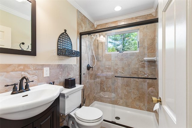 28 Potter Hill Rd, Westerly, RI 02891 - bathroom featuring ornamental molding, a stall shower, toilet, vanity, and tile walls