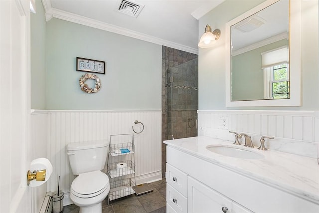 28 Potter Hill Rd, Westerly, RI 02891 - bathroom featuring toilet, crown molding, a wainscoted wall, vanity, and tiled shower