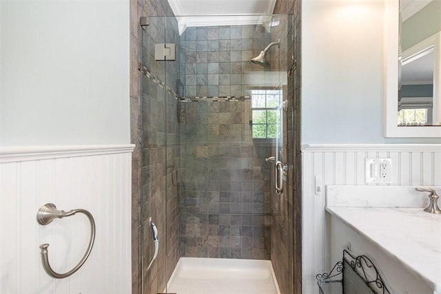 28 Potter Hill Rd, Westerly, RI 02891 - full bath with wainscoting, a shower stall, crown molding, and vanity