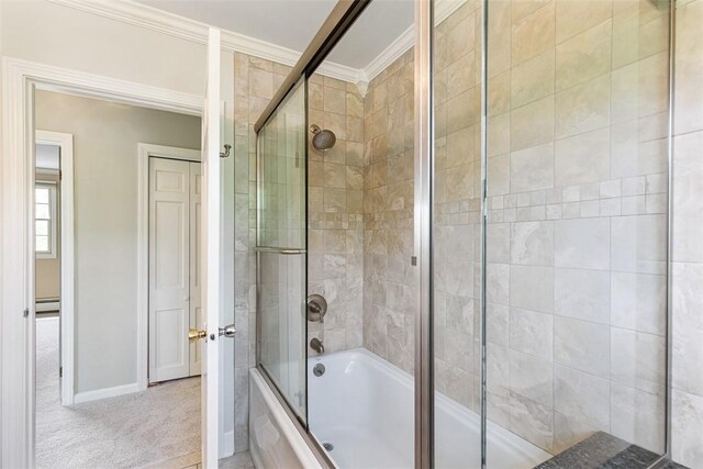 28 Potter Hill Rd, Westerly, RI 02891 - bathroom with ornamental molding, enclosed tub / shower combo, baseboards, and baseboard heating