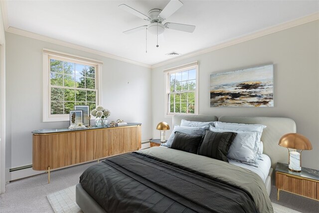 28 Potter Hill Rd, Westerly, RI 02891 - bedroom with ornamental molding, light carpet, ceiling fan, a baseboard heating unit, and baseboard heating