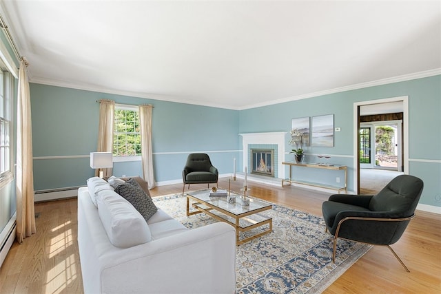 28 Potter Hill Rd, Westerly, RI 02891 - living area with ornamental molding, wood finished floors, baseboards, baseboard heating, and a brick fireplace