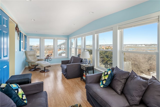 6 Macalder St, Narragansett, RI 02882 - sunroom / solarium featuring baseboards, vaulted ceiling, recessed lighting, and wood finished floors