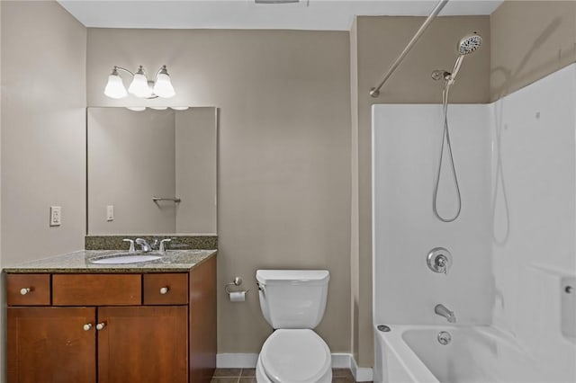 bathroom with toilet, shower / bathtub combination, vanity, tile patterned flooring, and baseboards