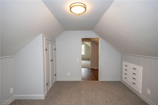 2 King St, Johnston, RI 02919 - additional living space with baseboards, lofted ceiling, a baseboard heating unit, and carpet floors