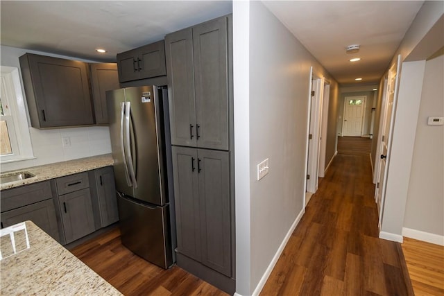 2 King St, Johnston, RI 02919 - kitchen featuring freestanding refrigerator, dark wood-style flooring, baseboards, light stone counters, and recessed lighting