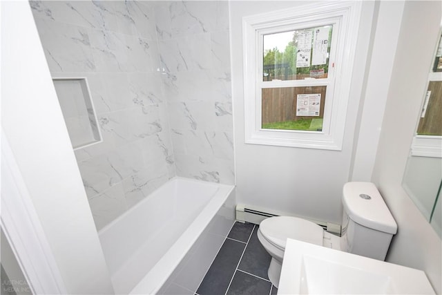 2 King St, Johnston, RI 02919 - bathroom featuring tile patterned floors, toilet, bathtub / shower combination, and baseboard heating
