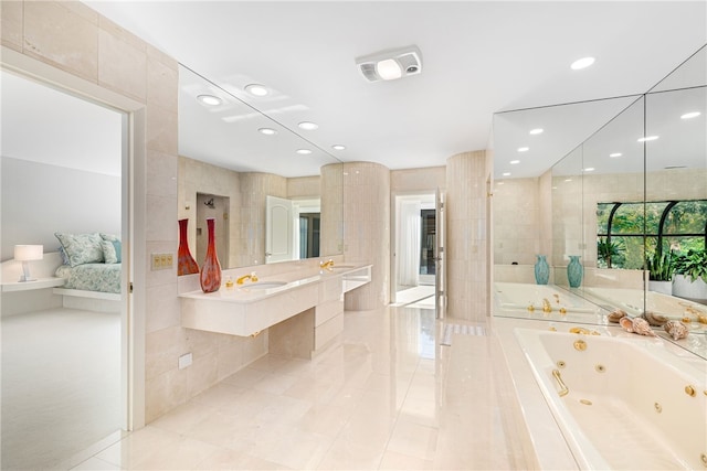 full bathroom with a jetted tub, tile walls, tile patterned floors, visible vents, and recessed lighting