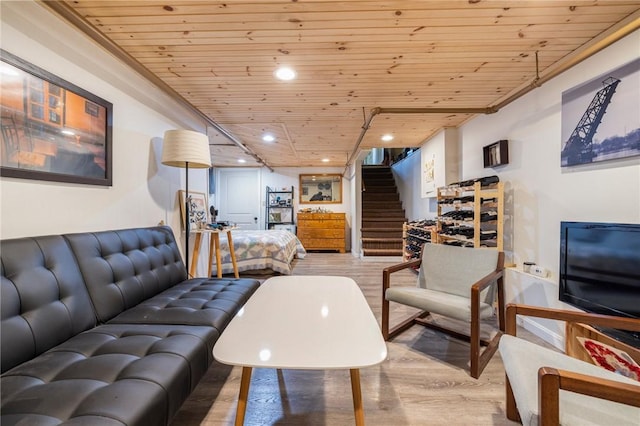 80 Wilcox Ave, Pawtucket, RI 02860 - living room with stairway, recessed lighting, wood ceiling, and wood finished floors
