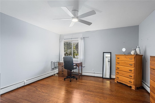 office featuring ceiling fan, baseboard heating, and wood finished floors