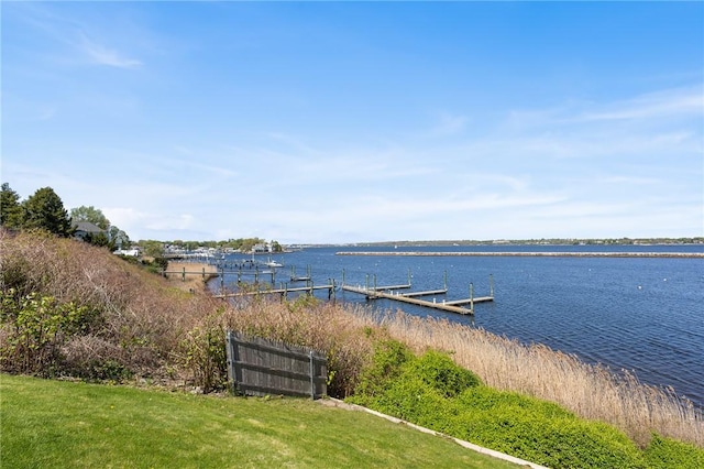 view of water feature with a dock