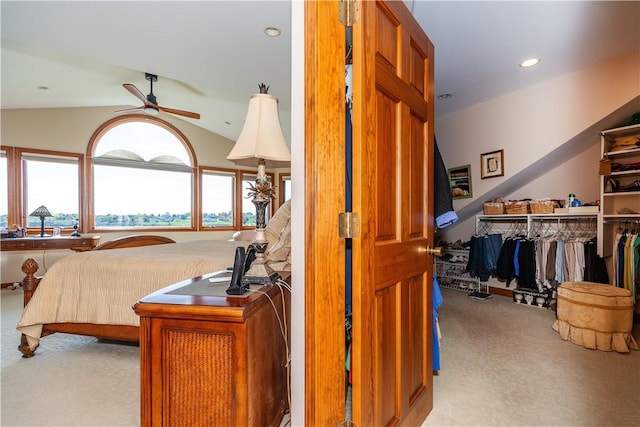 bedroom featuring carpet floors, recessed lighting, and vaulted ceiling