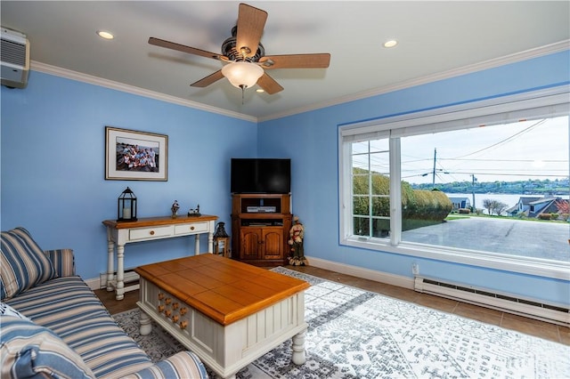 tiled living area featuring a baseboard radiator, baseboards, a ceiling fan, ornamental molding, and recessed lighting