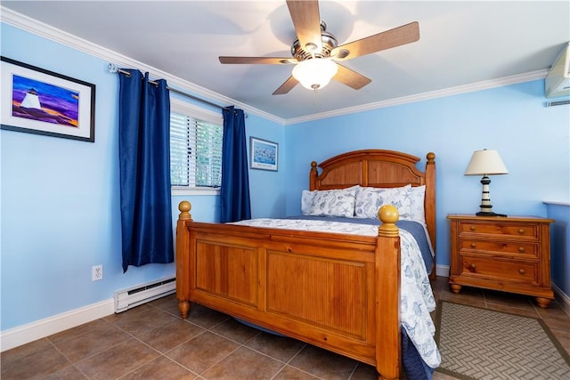 bedroom with baseboard heating, dark tile patterned floors, crown molding, ceiling fan, and baseboards