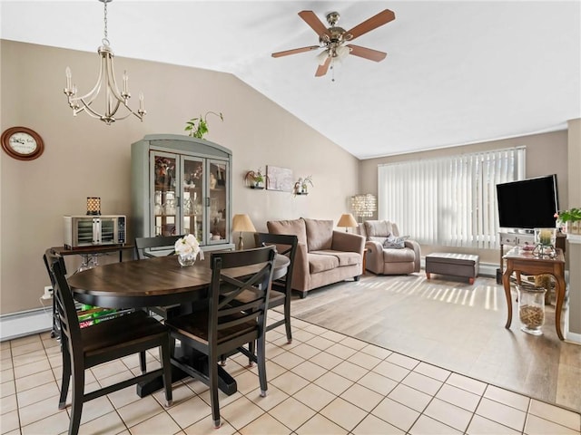 132 Elton Cir, Cranston, RI 02921 - dining area with lofted ceiling, light tile patterned floors, a baseboard heating unit, and ceiling fan with notable chandelier