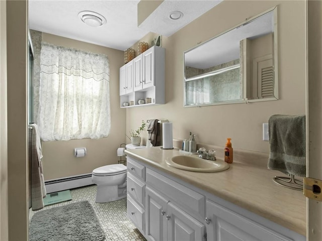 132 Elton Cir, Cranston, RI 02921 - full bath featuring vanity, a shower stall, toilet, and baseboard heating
