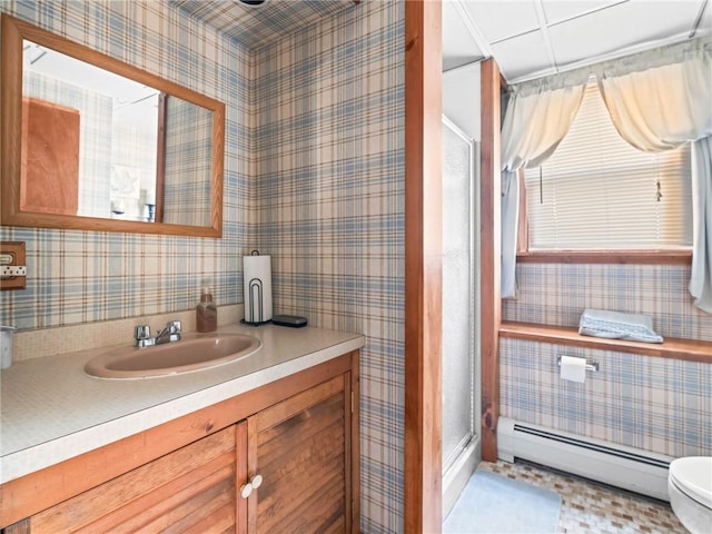 132 Elton Cir, Cranston, RI 02921 - full bath featuring a stall shower, baseboard heating, vanity, and toilet