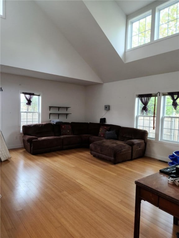 living room with light wood finished floors and high vaulted ceiling