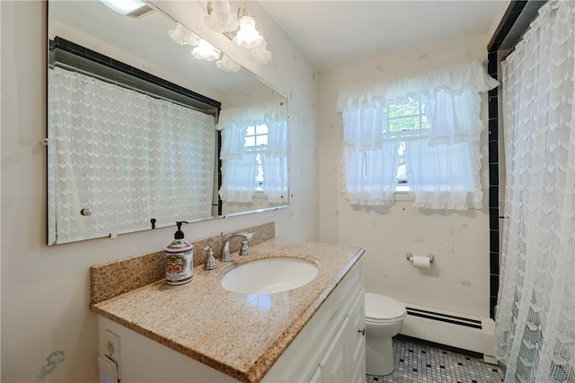 full bathroom featuring toilet, a shower with shower curtain, a baseboard radiator, tile patterned floors, and vanity
