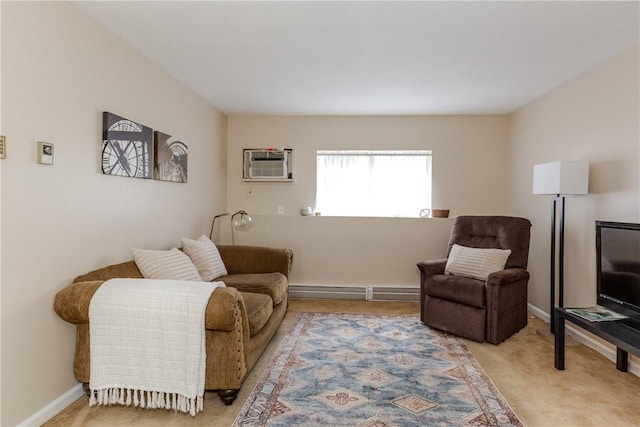 living area featuring light colored carpet and an AC wall unit
