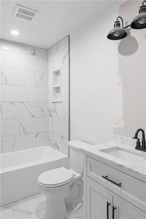 bathroom with toilet, marble finish floor,  shower combination, visible vents, and vanity
