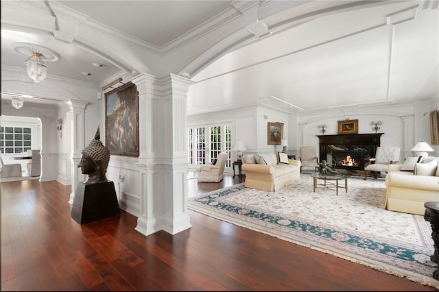 540 Blackstone Blvd, Providence, RI 02906 - living room featuring a decorative wall, ornate columns, dark wood-type flooring, a fireplace, and crown molding