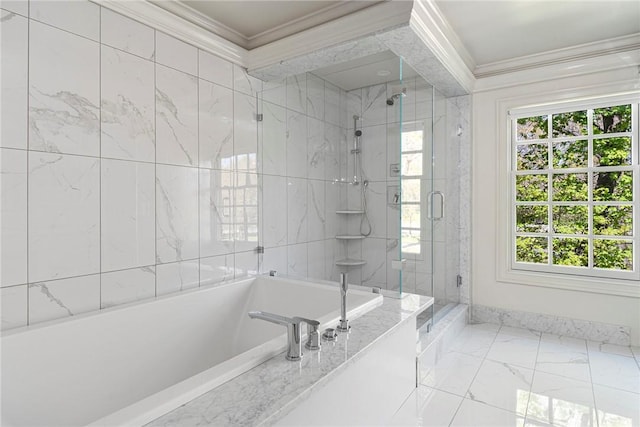 540 Blackstone Blvd, Providence, RI 02906 - full bathroom with crown molding, marble finish floor, a stall shower, and a bath