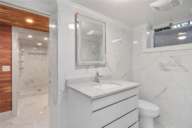 540 Blackstone Blvd, Providence, RI 02906 - full bath featuring tile walls, toilet, marble finish floor, vanity, and visible vents