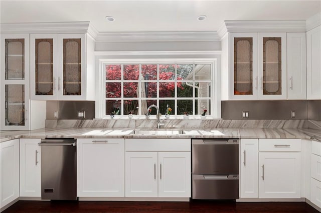 540 Blackstone Blvd, Providence, RI 02906 - kitchen featuring a sink, white cabinets, crown molding, stainless steel dishwasher, and light stone counters