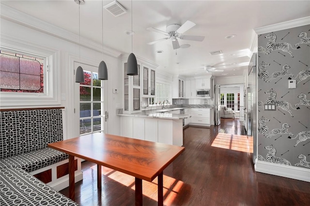 540 Blackstone Blvd, Providence, RI 02906 - dining room featuring ceiling fan, ornamental molding, and visible vents