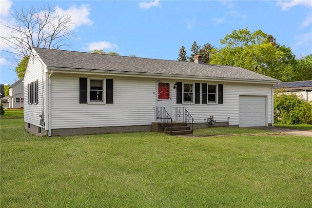 ranch-style house with a chimney, a front lawn, aphalt driveway, and an attached garage